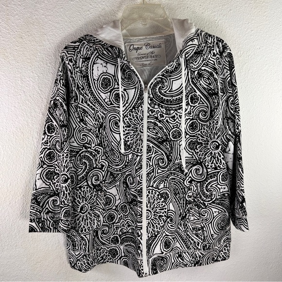 ONQUE CASUALS Hooded Jacket. Black & White. Zip front. Bling on pockets. Large - Picture 2 of 6